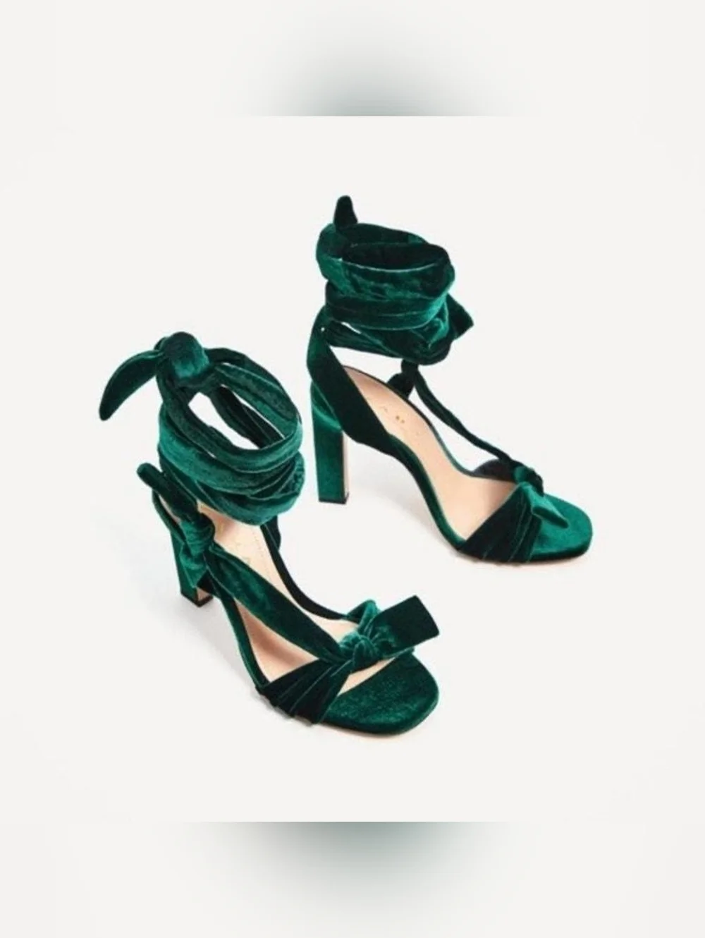 Zara Emerald Green Velvet Bow Sandals Lace Up Ankle Tie Block Heels Size 10 - Picture 2 of 8